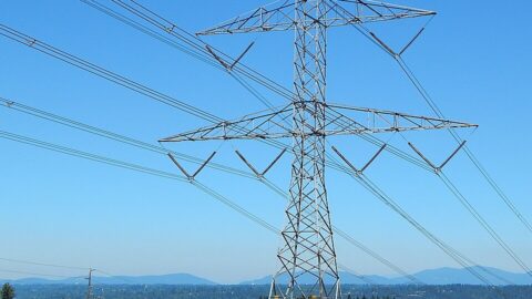 High-voltage electricity transmission tower and power lines