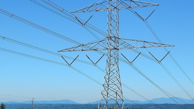 High-voltage electricity transmission tower and power lines