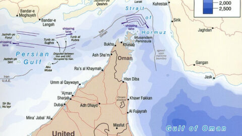 Map of the Strait of Hormuz showing shipping lanes and surrounding countries