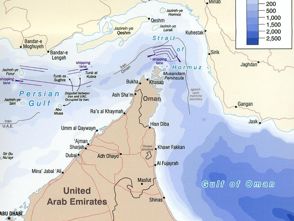 Map of the Strait of Hormuz showing shipping lanes and surrounding countries