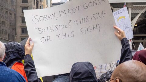 No Kings protester holding a sign in Manhattan